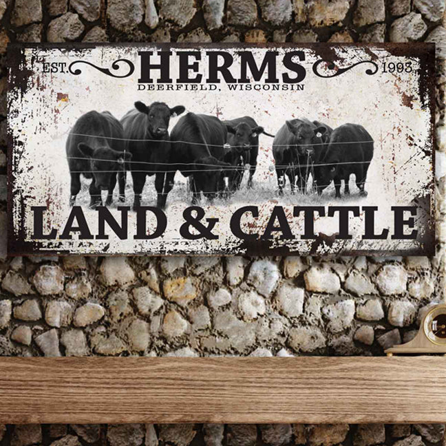 Cattle Ranch Signs Custom with black angus cows standing by the fence with the word (family name) Land and Cattle