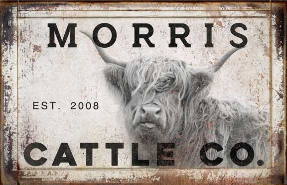 cattle ranch sign highland cow on vintage rustic background with name and cattle co.