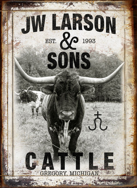 cattle ranch sign personalized with name and branding iron with a big longhorn cow