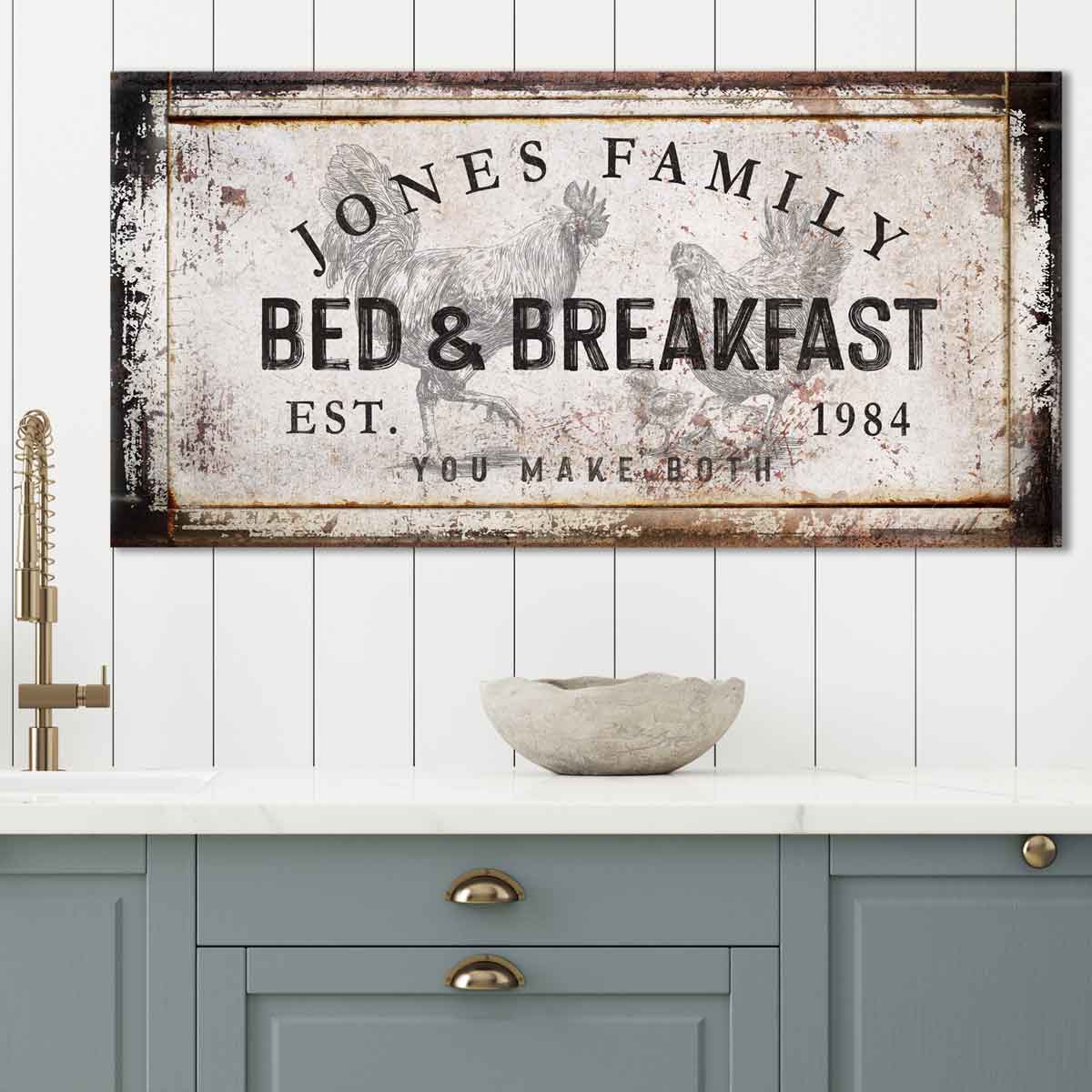 chicken decor vintage sign on distressed background with nae and date
