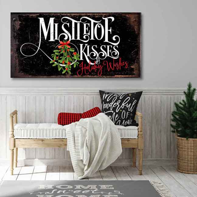 christmas wall decor sign mistletoe kisses on black distressed background