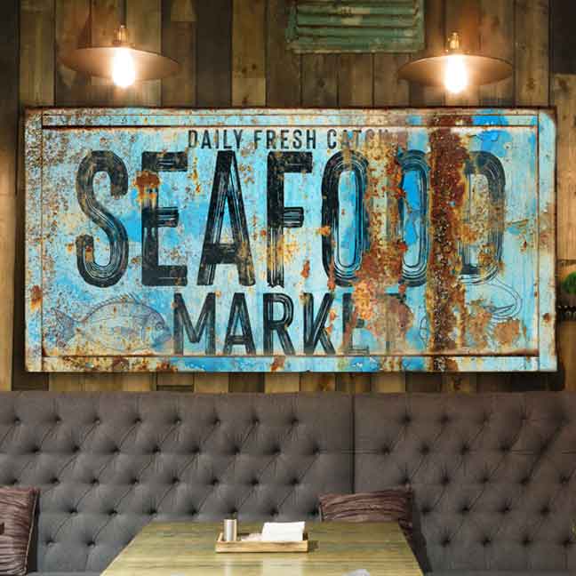 Coastal Decor - Seafood Market Restaurant Sign on blue rusted metal frame with the words Seafood Market