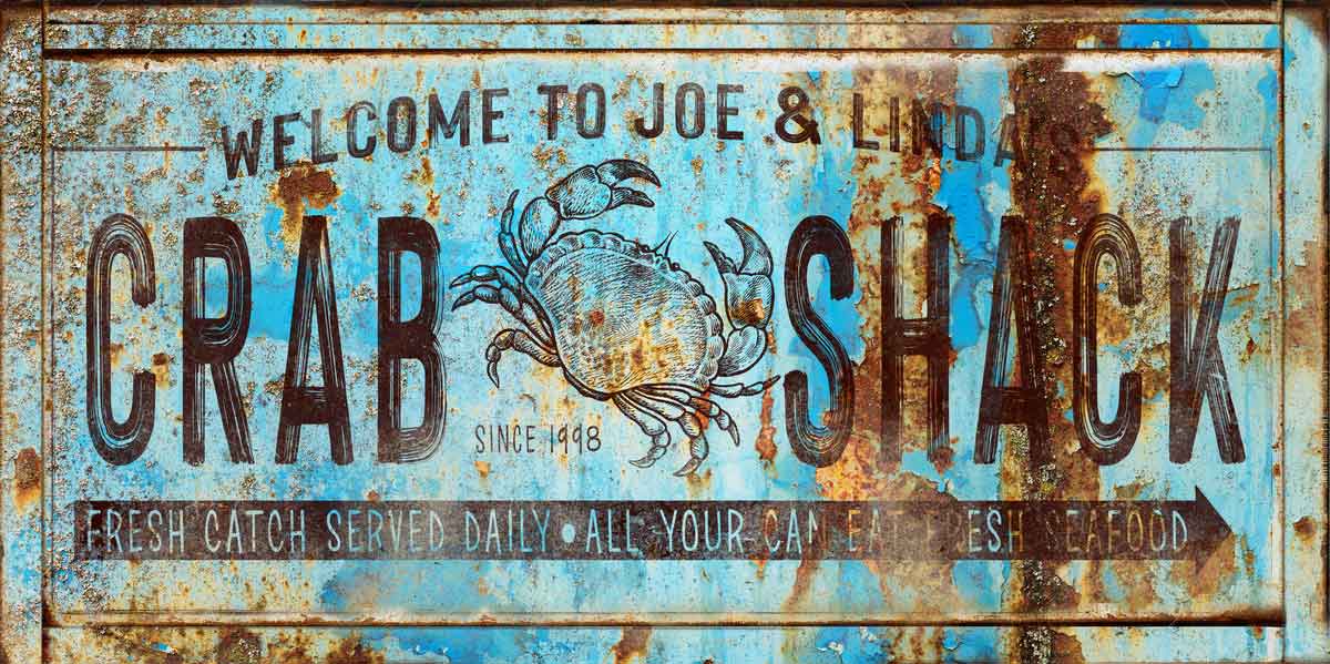 coastal wall decor with distressed rusty background. Words say Crab Shack personalized.