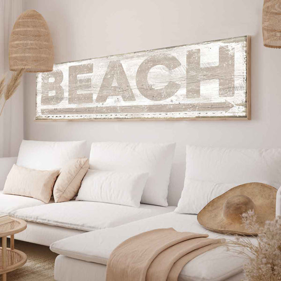 Coastal wall decor -beach House Sign arrow in neutral colors on old drift wood background with words Beach with An Arrow