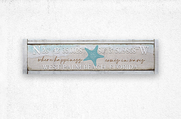 Latitude and Longitude Sign Coastal Decor on a sandy beach with waves.