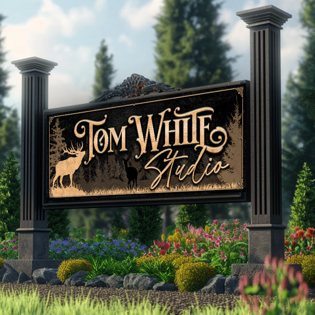 decorative sign with black texture and gold letters with a elk