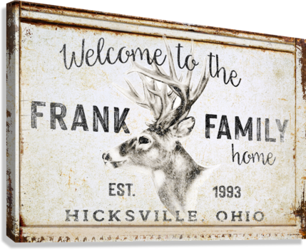 deer hunting decor sign with personalized name and deer head on rustic background
