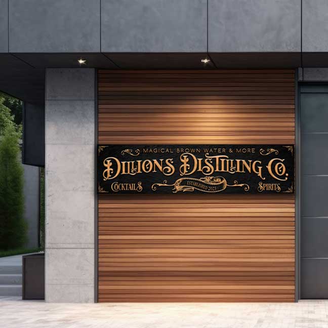 Exterior Bar Signs and Restaurant signs with black texture and gold letters that says Dillions Distilling Co.