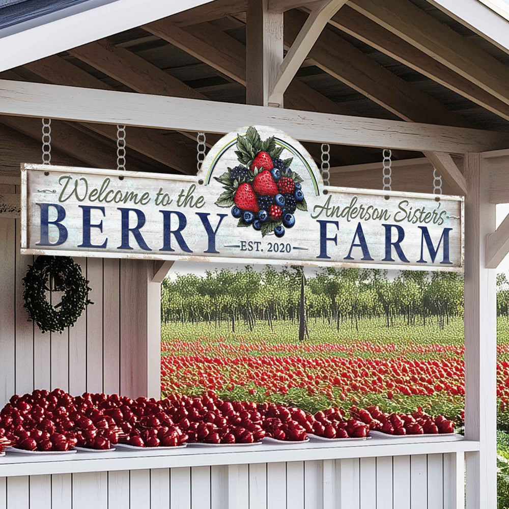 Farm entrance sign  hanging on a farm stand