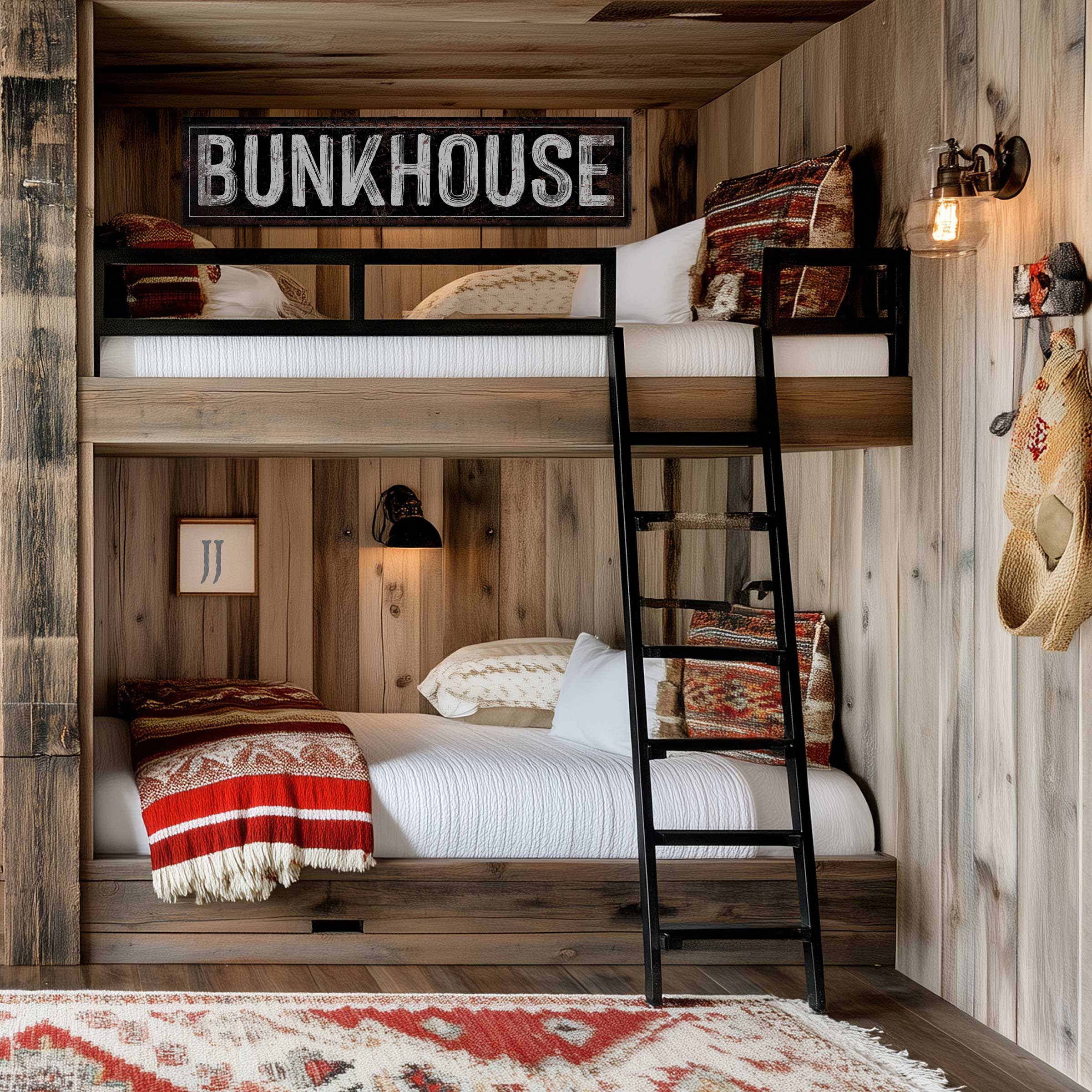 Farmhouse decor bunkhouse sign mounted over western style bunk beds