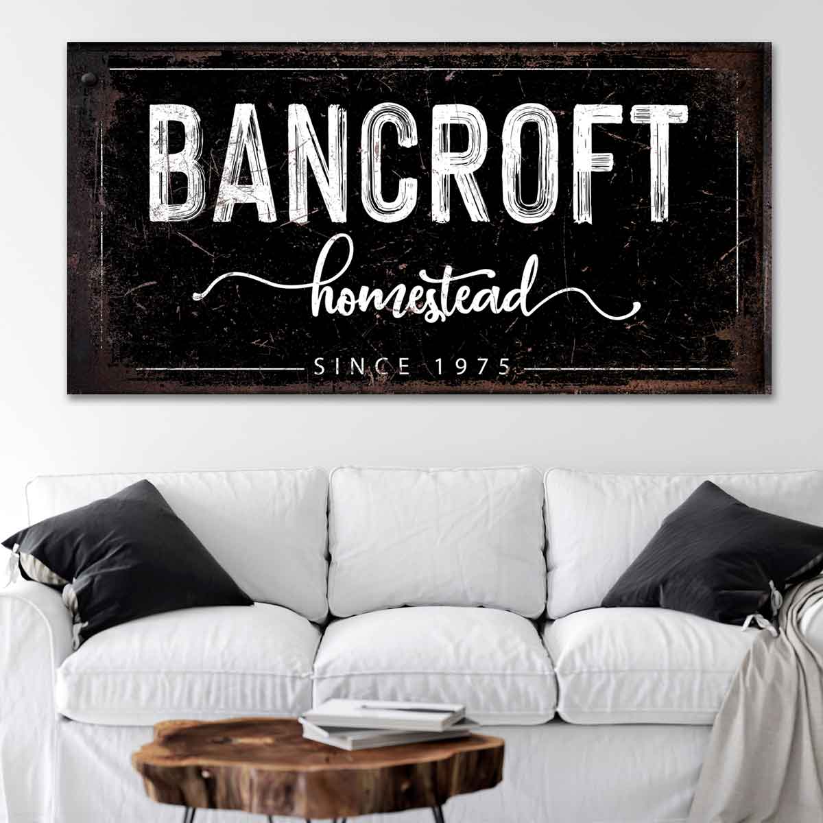 modern farmhouse sign with large name and establish date on distressed background