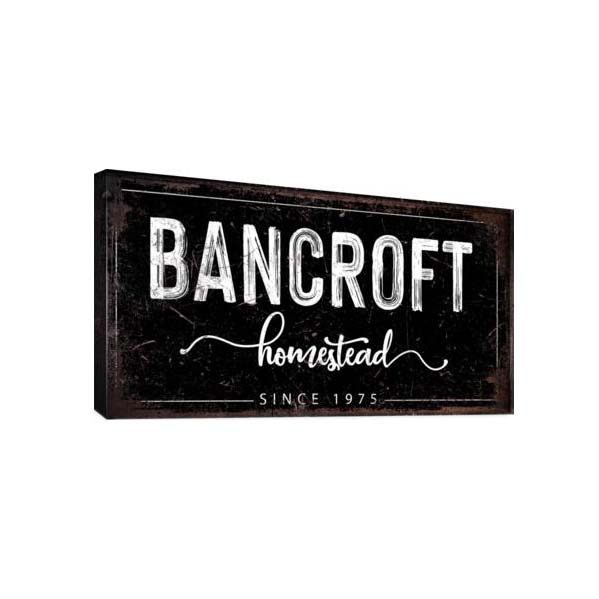 personalized name sign farmhouse wall decor- family name and homestead with date on black with white lettering