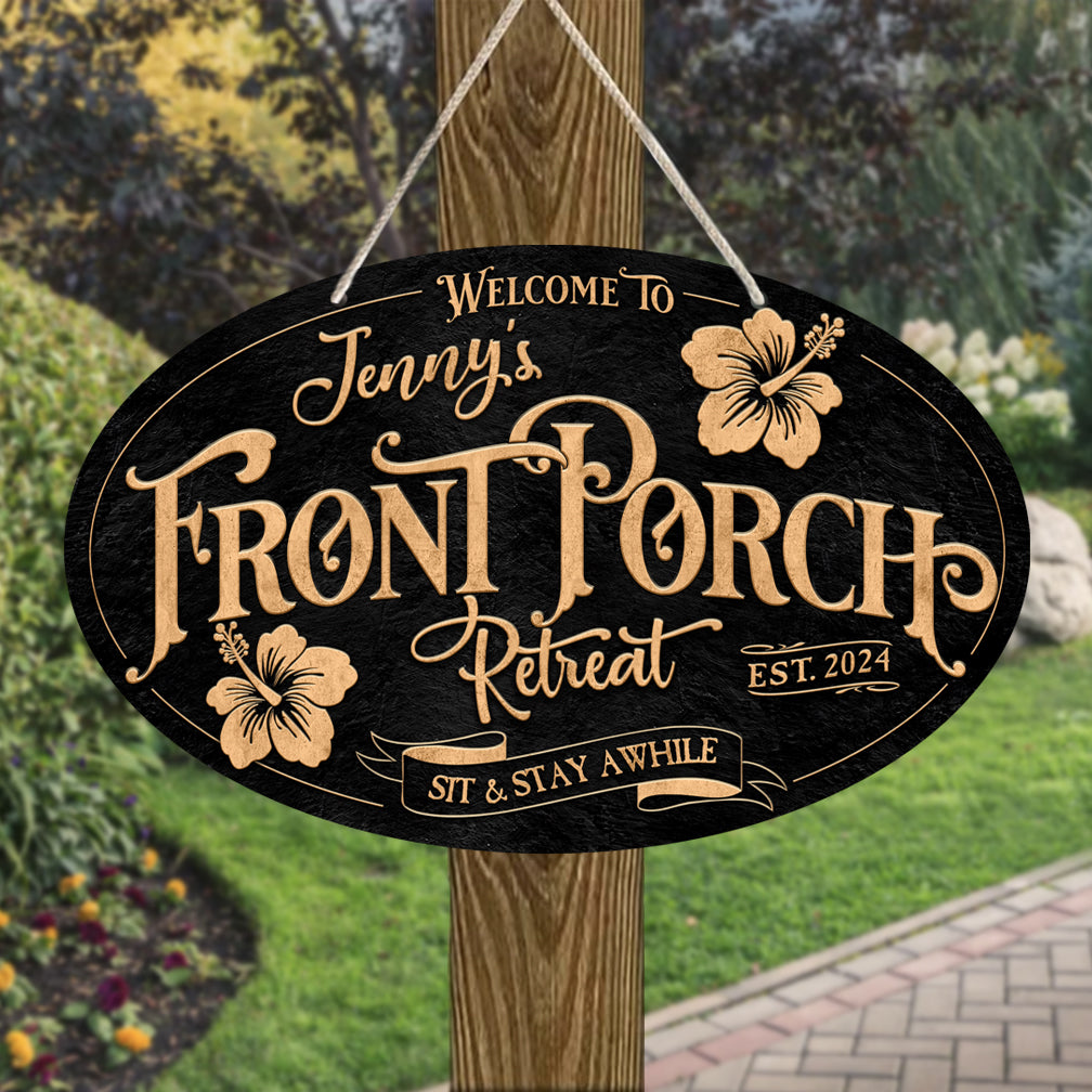 front porch sign welcome sign on black textured background in the shape of a oval personalized