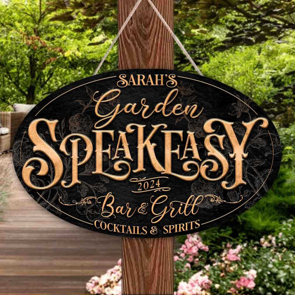 speakeasy Sign on textured oval background with the words: Speakeasy Lounge with personalized name.