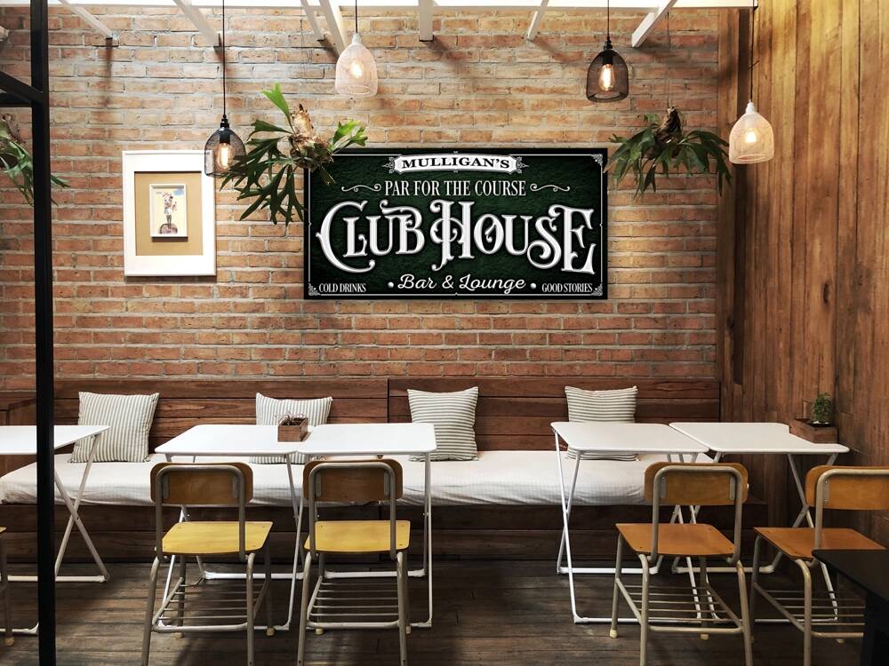 Golf Decor Sign on dark green textured background with with text that say Par for the Course Club House Bar and Lounge, personalized