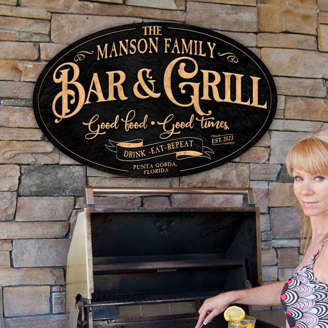 Grill Sign personalized bar and grill sign hanging over a grill