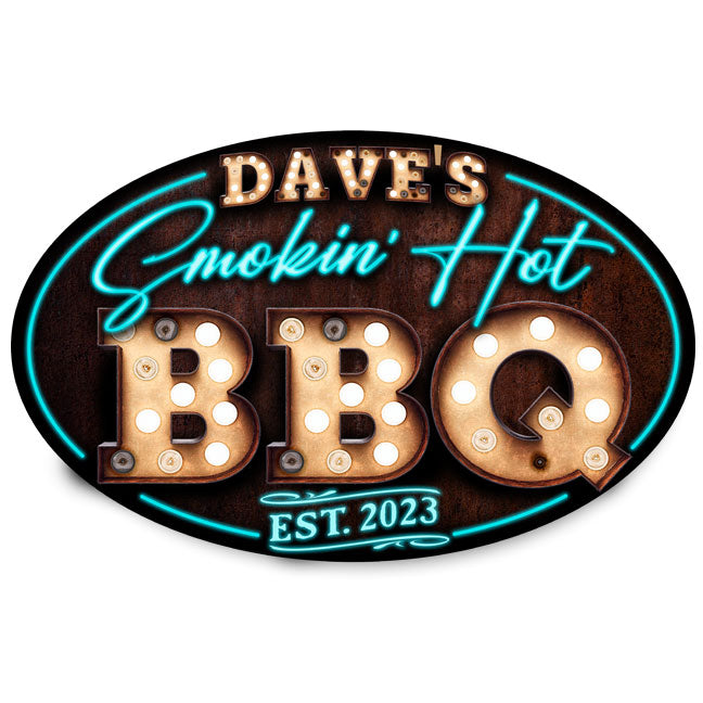 BBQ Sign bar and grill sign on rusty brown background with faux neon look that says Smoking Hot BBQ