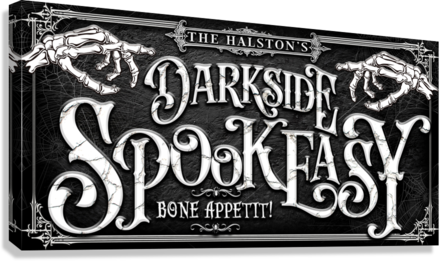 Halloween signs spookeasy on black textured background with skeleton hands pointing.