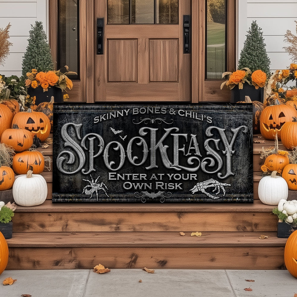 halloween wall decor spookeasy sign sitting on wooden steps