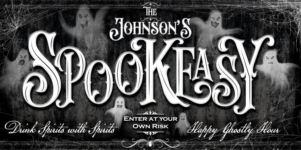 Halloween Wall Decor Sign of a Ghost on black stone background with ghost appearing around the words Spookeasy Enter at your own Risk.
