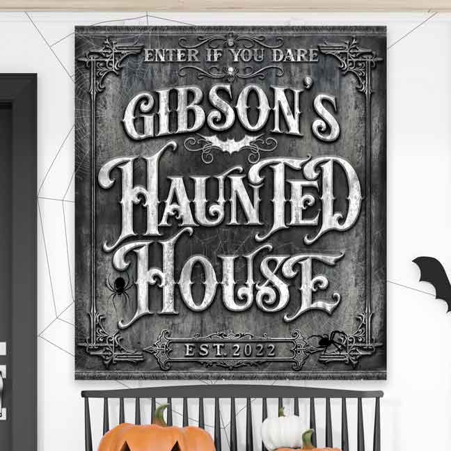 haunted house halloween wall sign personalized on black stone with the words Enter if you dare (family name) haunted house.