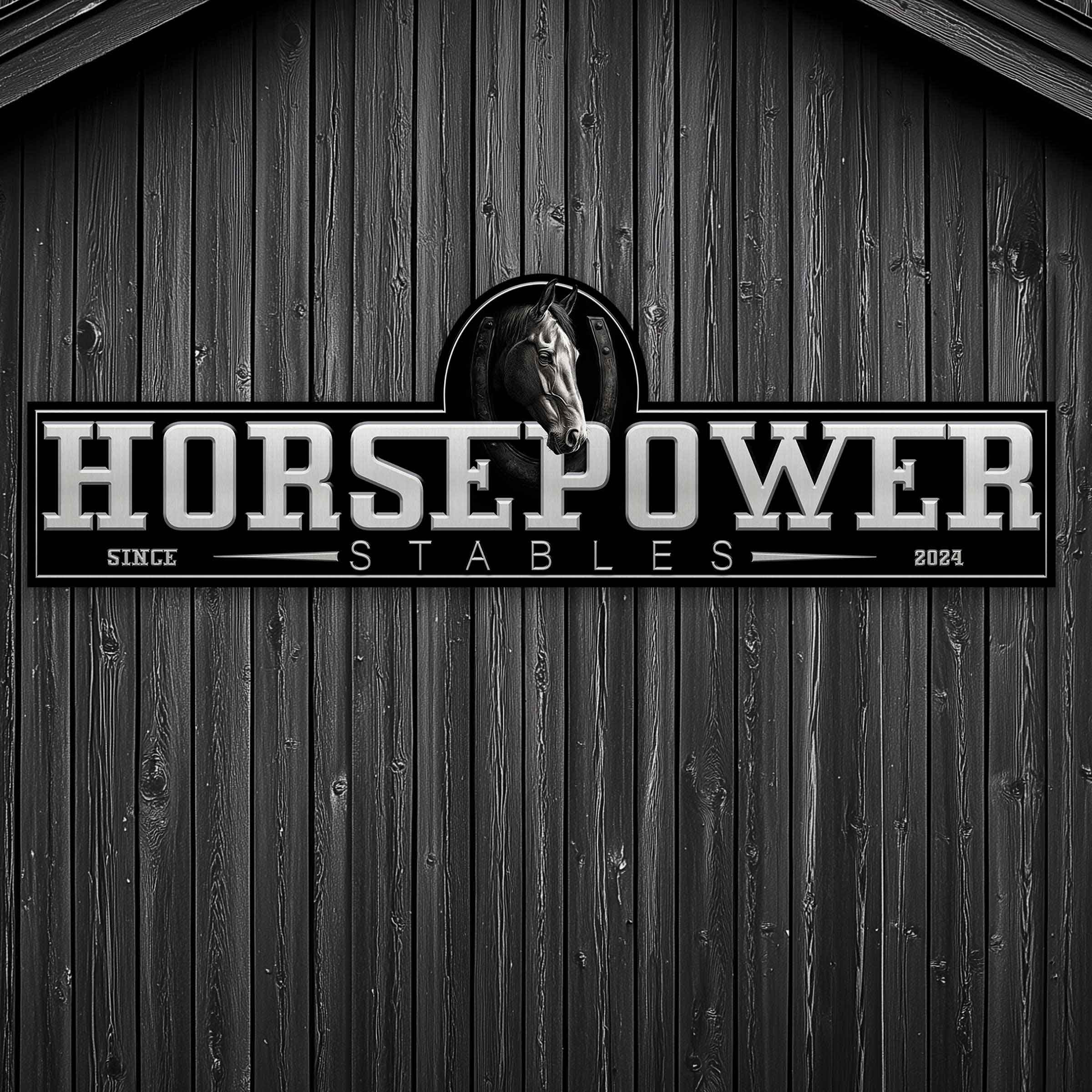 Horse stable sign custom made with silver letters and a horse looking down