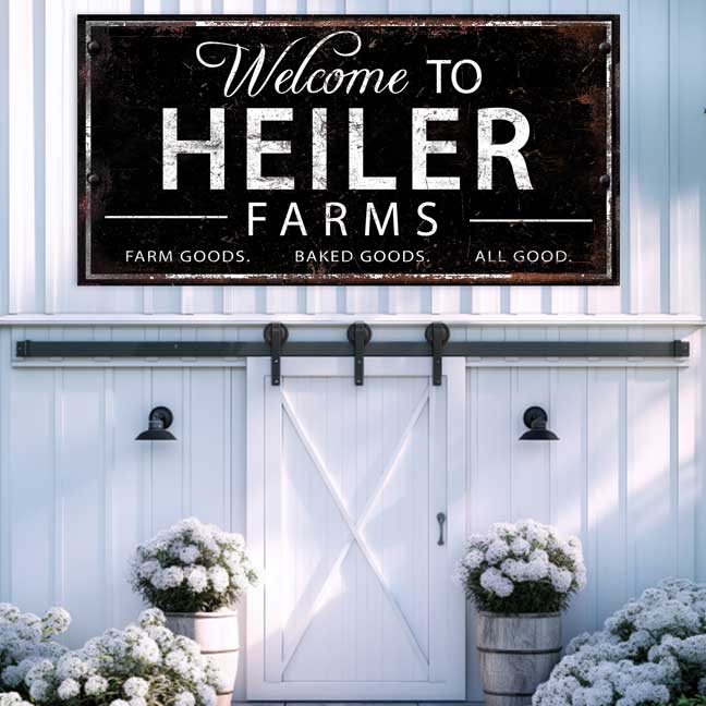 large barn signs for farms with black distressed background with white letters