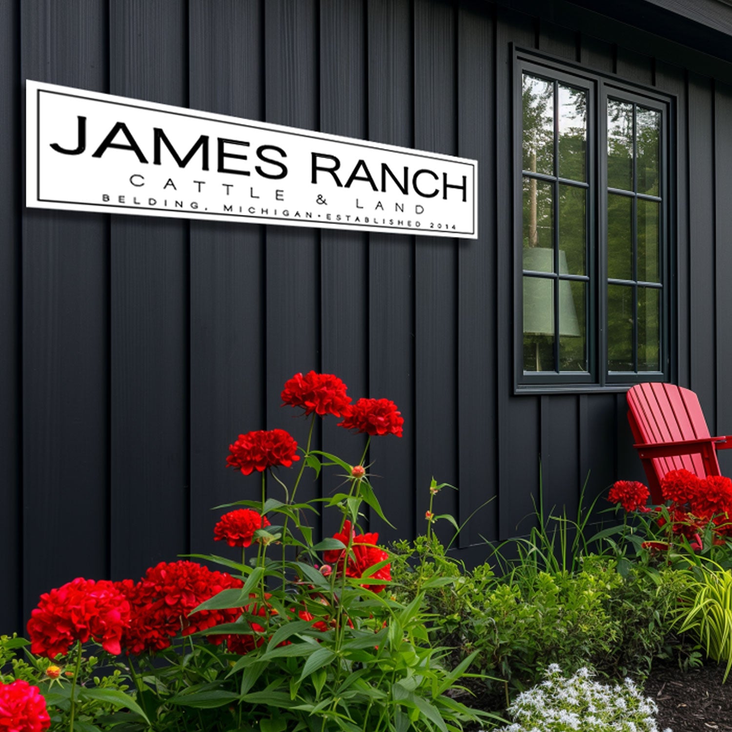 large metal sign on white background with black lettering