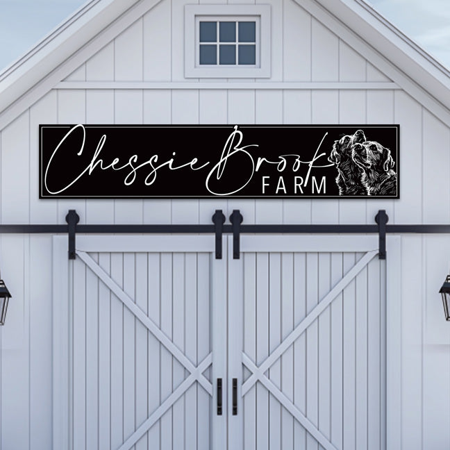 Large metal Signs for business on black textured background with white script letters and two dogs, with words Chessie Brook Farm