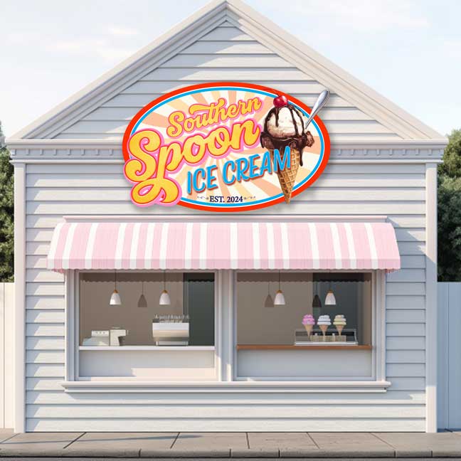 large metal sign for a ice cream shop that is colorful and bright with a cone
