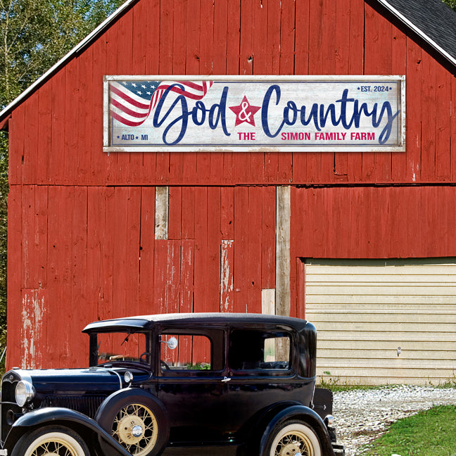 white faux sign with partial American flag on corner God and Country, established date and personalized with family farm name.