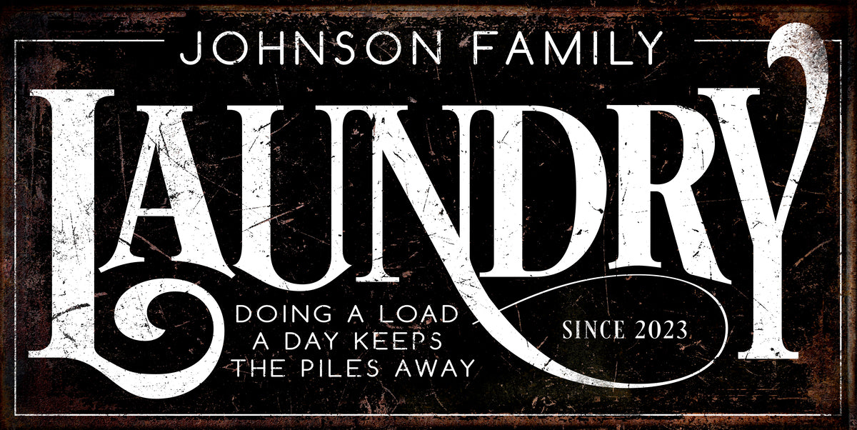 Laundry room decor sign decor on black distressed background with family name.