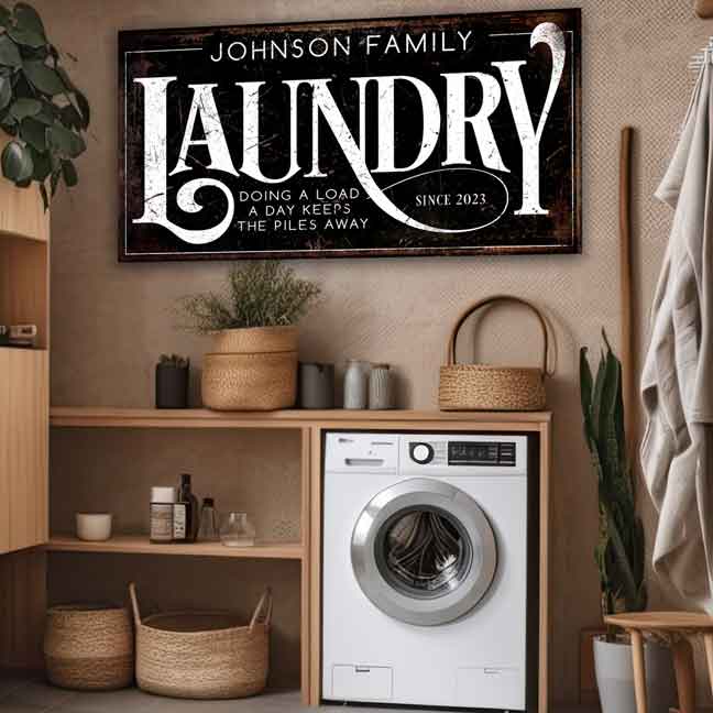 Laundry room sign decor on black distressed background with family name.