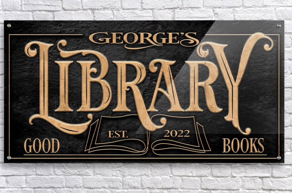 Library Sign Decor Sign on black textured flat canvas, personalized with name and date
