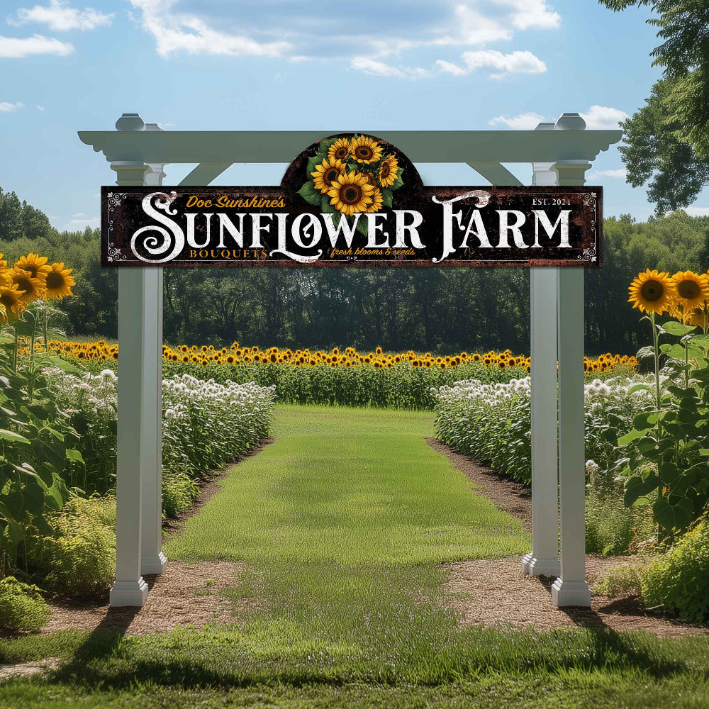metal farm entrance sign on pole for the entryway into a sunflower field.