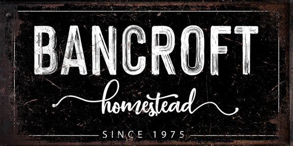 personalized name sign farmhouse wall decor- family name and homestead with date on black with white lettering