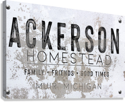modern farmhouse wall decor sign on faux stone background: (family name) Homestead, family, friends, good times.
