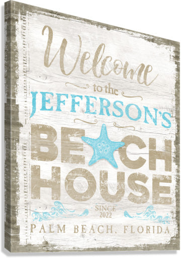 beach house sign in neutral colors with the words welcome to the (family name) beach house, with address