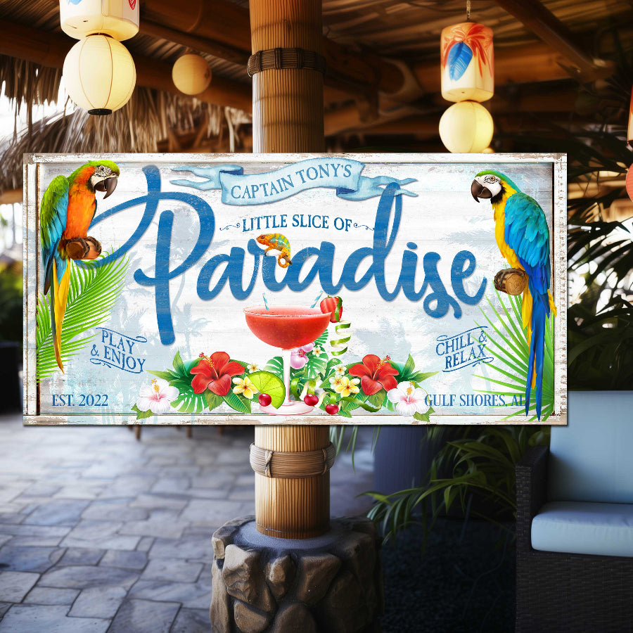 Patio signs pool sign of a margarita glass with two parrots and the words Little slice of paradise