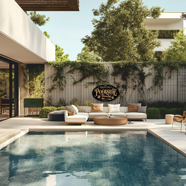 patio sign on the wall at a beautiful swimming pool area with couch.
