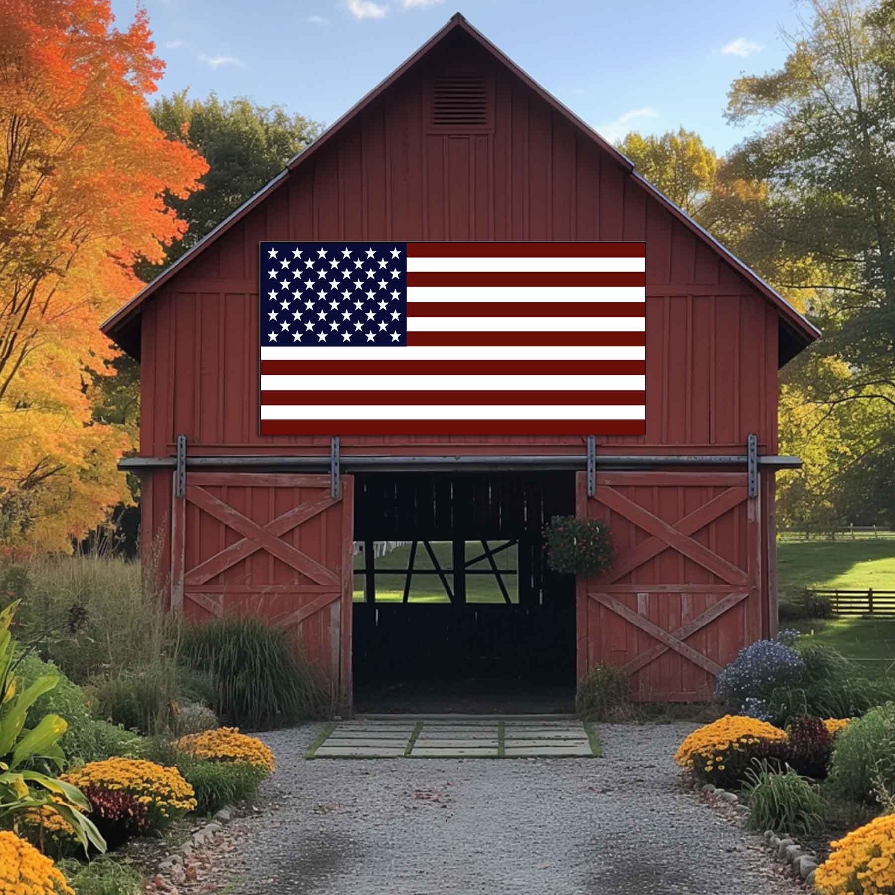 Patriotic decor barn flag - large flag on a red barn made out of metal