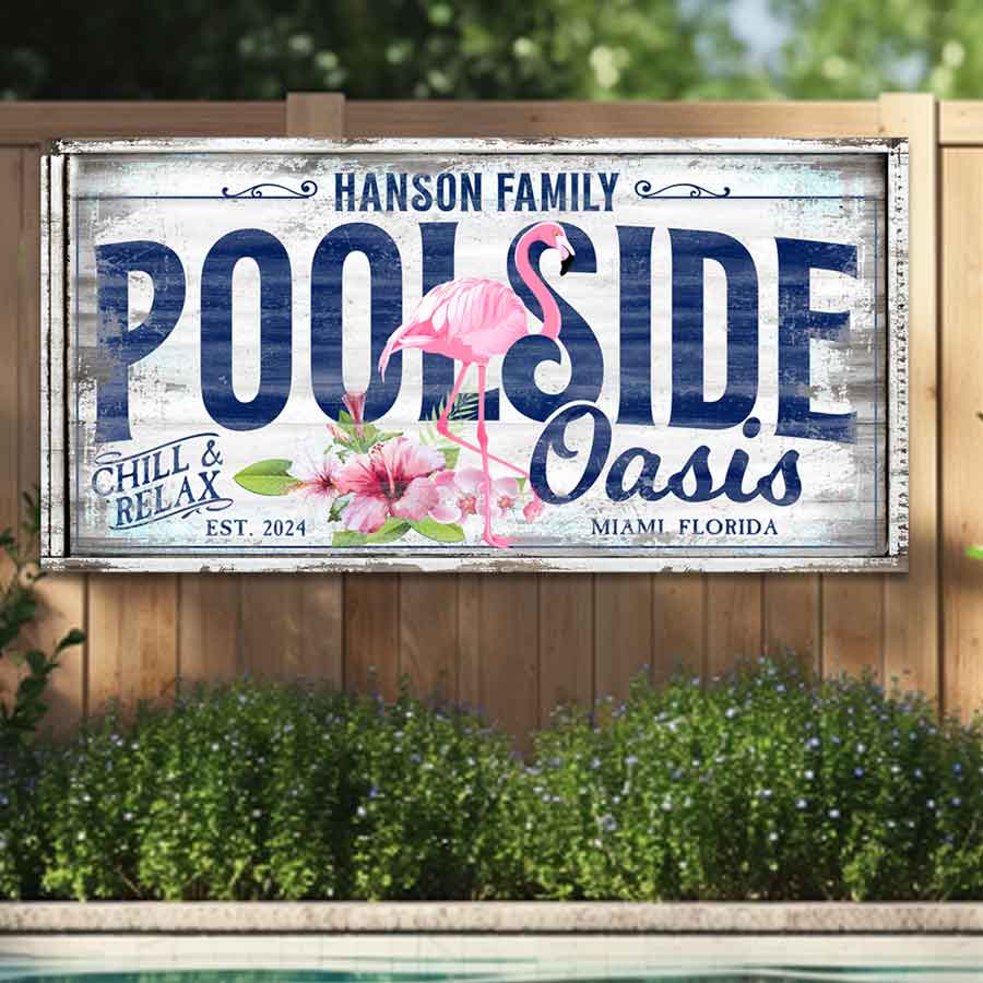 white faux distressed background with familiy name "Poolside Oasis", Chill and Relax, Established date as well as location.