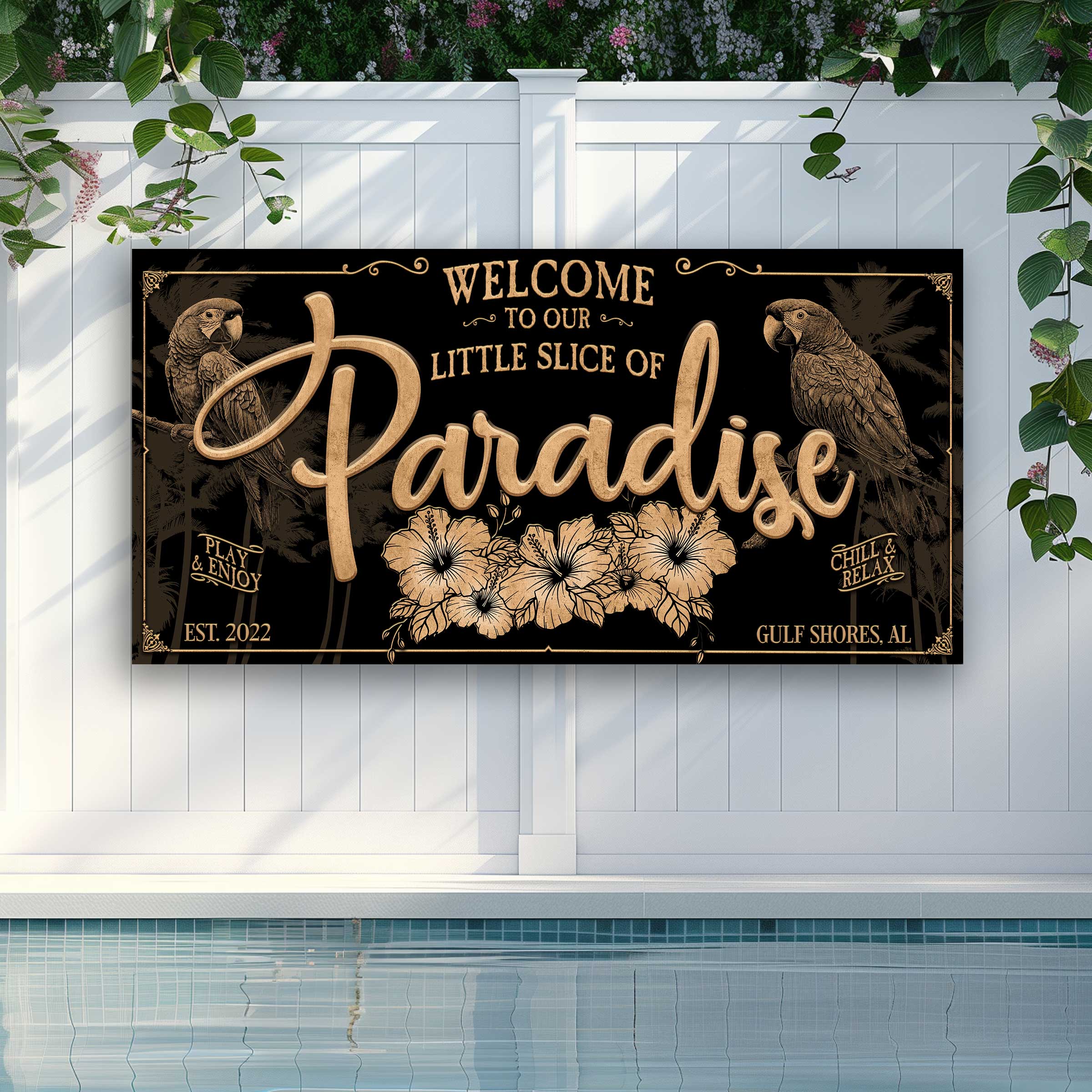 Pool and Patio sign of parrots in black and gold with the words Welcome to our little slice of paradise