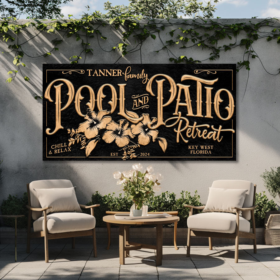 Pool and patio sign that is on black textured background with the words Pool and Patio display large with flowers underneath and personalization of name and city and state.