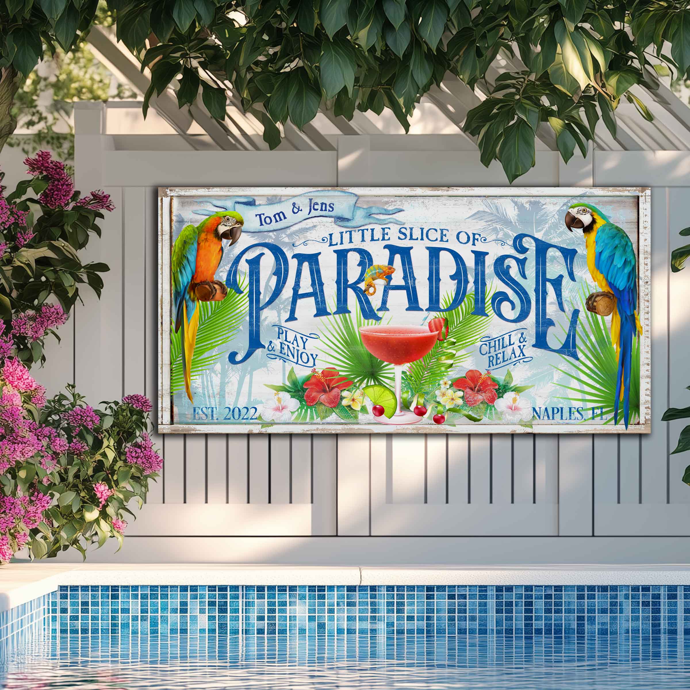 pool and patio signs of a little slice of paradise with parrots