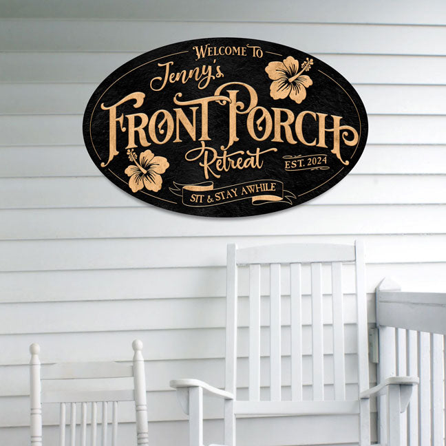 porch decor - Metal front porch sign on black textured background in the shape of a oval personalized