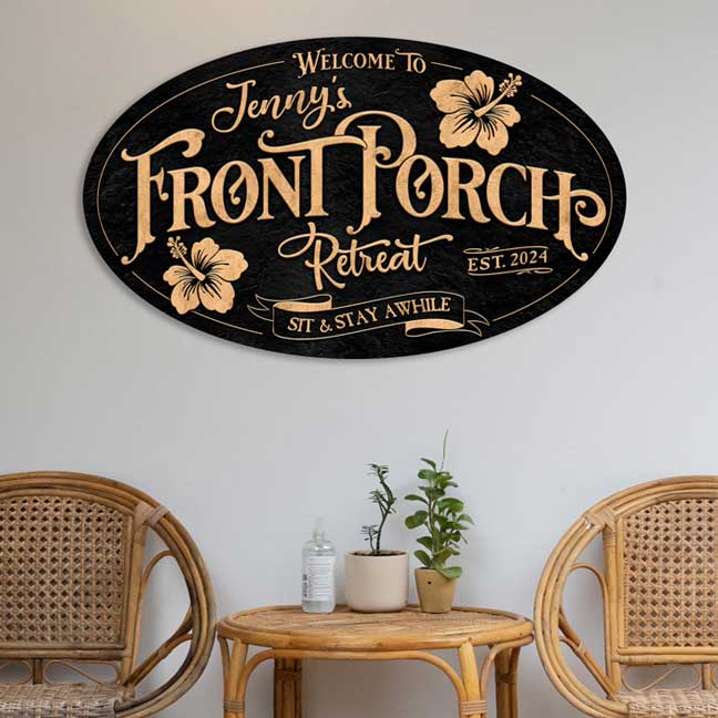 porch decor sign - welcome sign on black textured background in the shape of a oval personalized