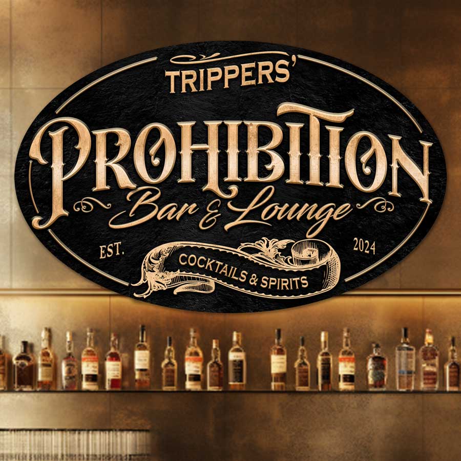 Prohibition Speakeasy Bar and Lounge Sign in gold letters with black textured background.