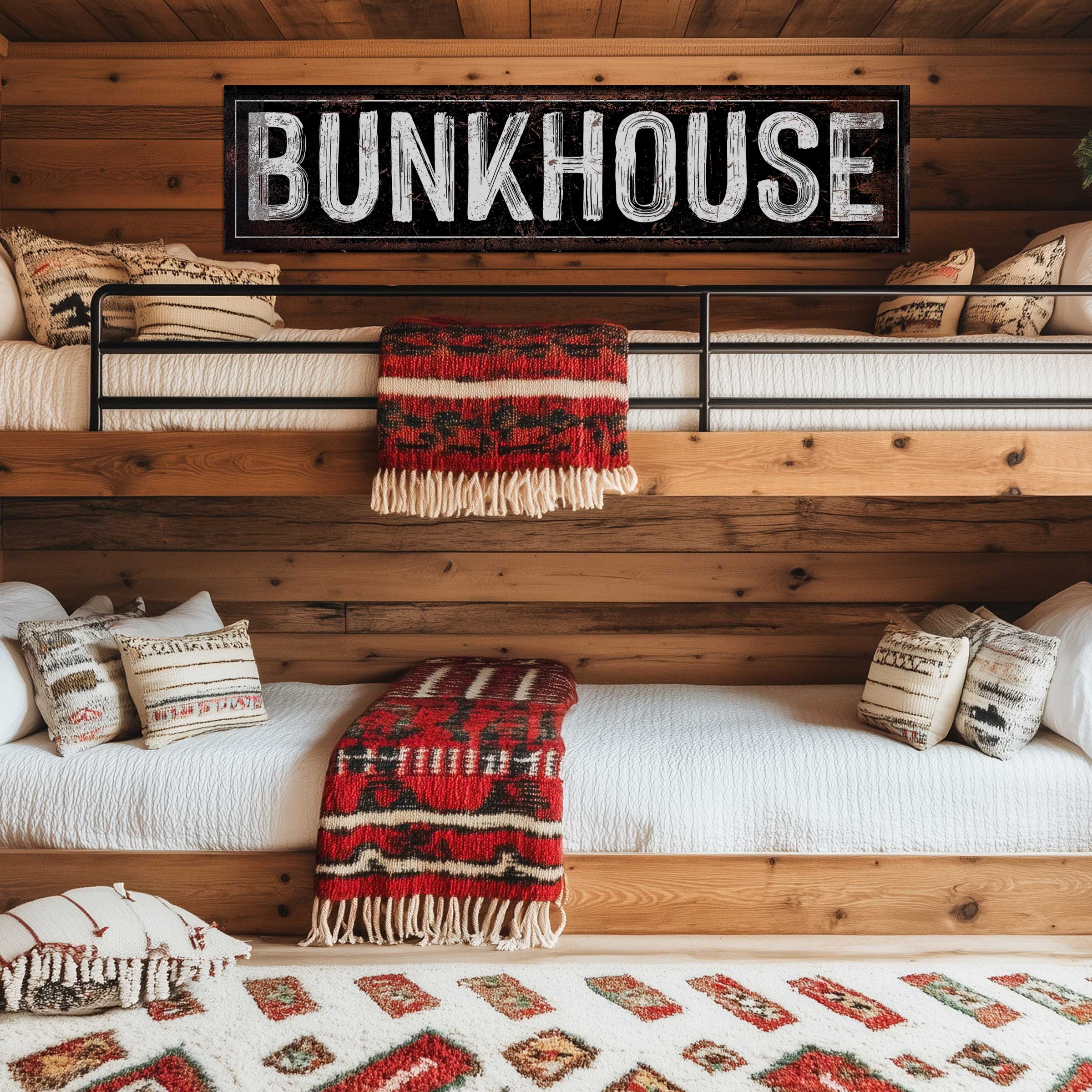 rustic farmhouse decor bunkhouse sign mounted on top of western bunk beds