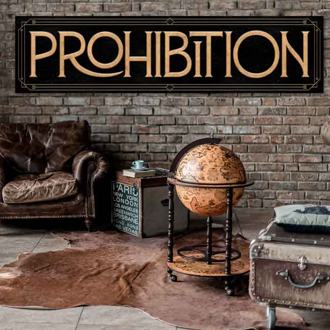 1920 speakeasy Prohibition written in gold on black faux stone background